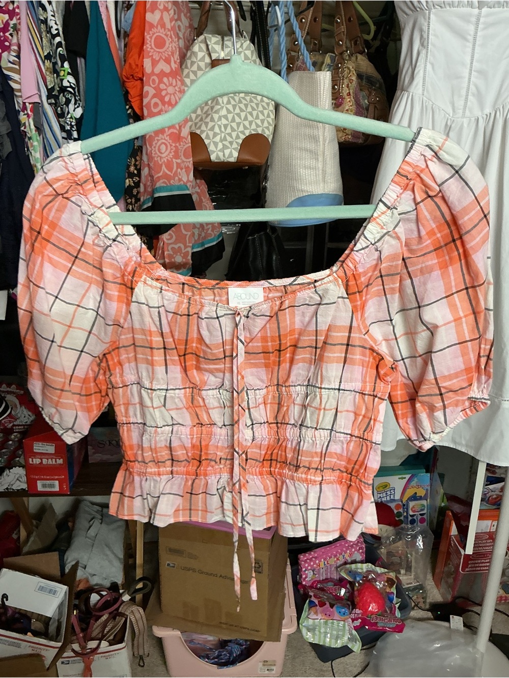 Abound Orange & White Plaid Off-Shoulder Smocked Crop Top